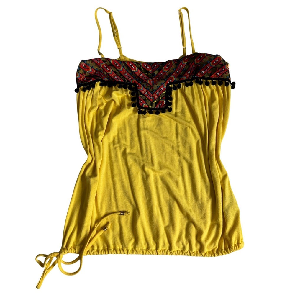 VTG Y2K Rampage Yellow Tribal Embroidered Pom Pom Cami Tank Top Womens Medium